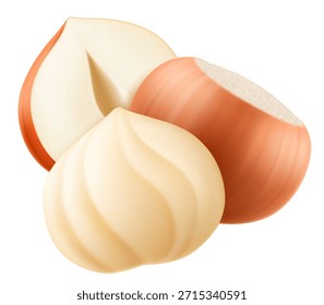 Satz realistischer Haselnüsse. Ganze und halbe Haselnuss einzeln auf weißem Hintergrund. Geschälte und ungeschälte Nüsse. Haselnusskerne sind reif und lecker, eine Proteinquelle. 3D-Vektorgrafik.