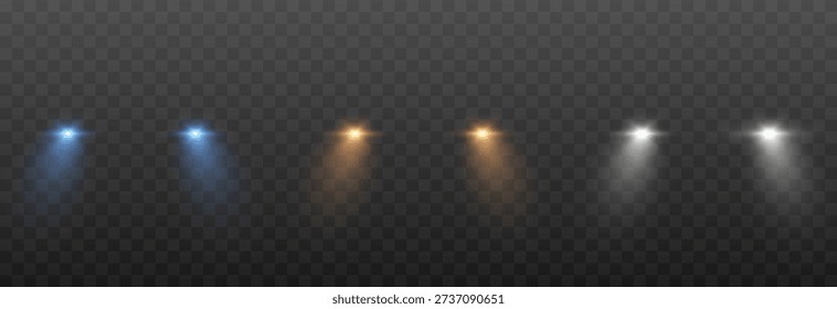 Set of realistic headlights with turned-on lights in different colors. Blue, yellow, white headlight light PNG. Lighting from turned-on car headlights. Light effect.