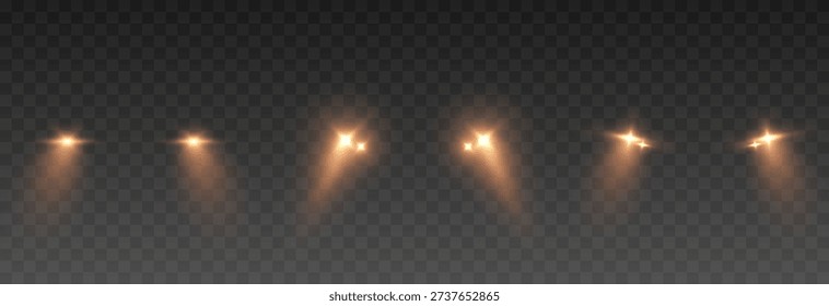 Set of realistic headlights with yellow light. Yellow headlight light PNG. Lighting from turned-on car headlights. Light effect.