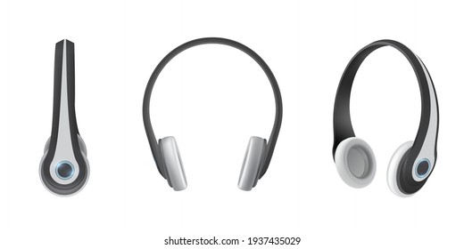 Set of realistic headphones vector flat illustration. Collection side general isometry view of modern earphones isolated on white. Wireless audio sound bass device speakers headset for listening music