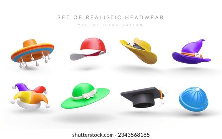 Set of realistic headwear. Daily, festive, masquerade accessories. Sombrero, cap, master hat, beanie. Clown, witch, sheriff hat. 3D images on white background. Isolated icons for bright web design