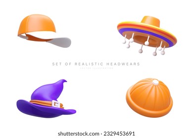 Set of realistic headwear. Isolated vector image. Baseball cap, sombrero with pendants, pointed witch hat, beanie hat. Daily and festive hats. Icons for marking products