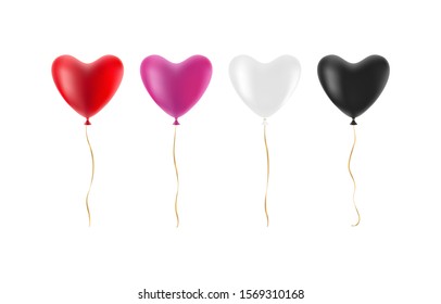 Set of realistic heart shape colorful balloons of red white pink and black color with golden ribbons isolated on white background. Vector illustration.