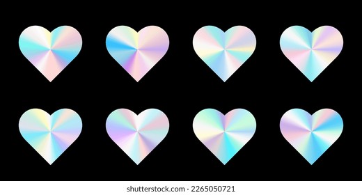 Conjunto de hologramas realistas en forma de corazón. Gradiente de color arcoiris. Textura multicolor.Ilustración vectorial 3d en un fondo negro.