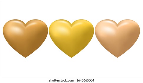 Set of realistic hearts ocher, yellow, beige color for Valentine's day design on a white isolated background