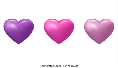 Set von realistischen Herztönen in violetter, violetter Farbe für das Valentinstag-Design auf weißem, isoliertem Hintergrund