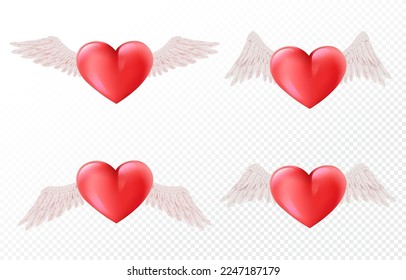 Set of realistic hearts with wings isolated on transparent background