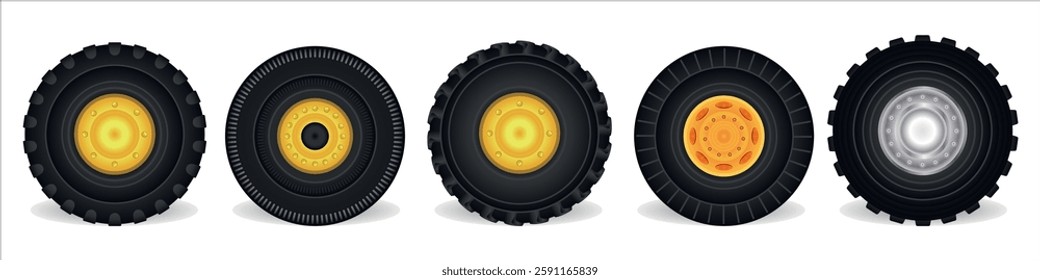 Set of realistic heavy-duty tires with industrial and off-road tread designs for vehicles. Automotive and machinery concept