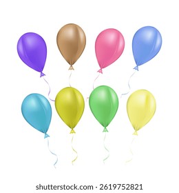 Set of realistic helium balloons floating in the air. Colorful glossy balloons, perfect for decorating parties, holidays, birthdays and celebrations. Isolated on transparent background. Vector illustr