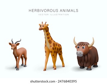 Set of realistic herbivores. Gazelle, giraffe, yak. Isolated templates in cartoon style