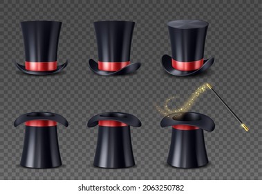 Set of realistic high cap with red ribbon and wand with sparkles trail. Magician hat and magical stick isolated on transparent background. Illusionist equipment. Vector illustration
