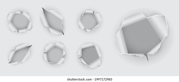 set of realistic hole torn in the paper isolated or various holes torn in ripped white paper or hole torn on transparent background concept. eps vector