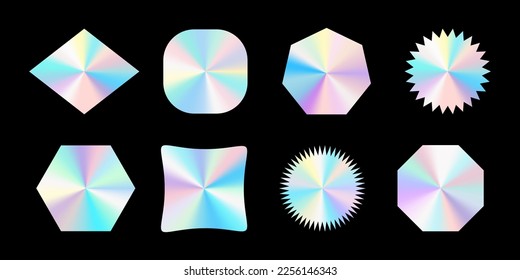 Set of realistic holograms of different shapes. Rainbow color gradient. Multicolored texture.3d vector illustration isolated on black background.