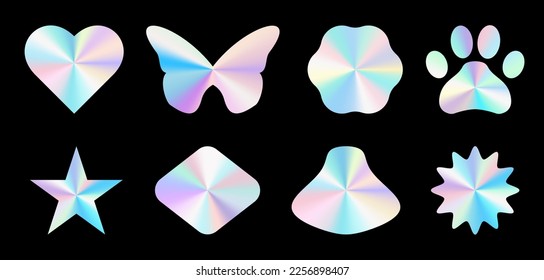 Set realistic holograms different shapes  Rainbow color gradient  Multicolored texture 3d vector illustration isolated black background