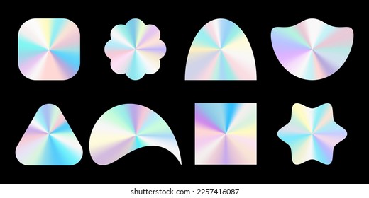 Set realistic holograms different shapes  Rainbow color gradient  Multicolored texture 3d vector illustration isolated black background 
