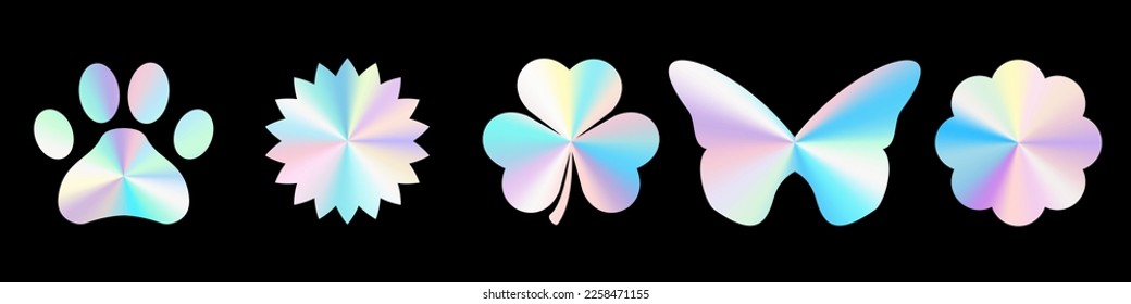 Set of realistic holograms of different shapes. Rainbow color gradient. Multicolored texture.3d vector illustration isolated on black background.