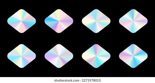 Un conjunto de hologramas realistas en la forma de un rhombus. Gradiente de color arcoiris. Textura multicolor. Ilustración vectorial 3d sobre fondo negro.