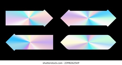 Set of realistic holograms in the shape of arrows. Rainbow color gradient. Multicolored texture. 3d vector illustration on black background.