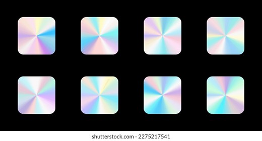 Set of realistic holograms in the shape of a square. Rainbow color gradient. Multicolored texture.3d vector illustration on a black background.