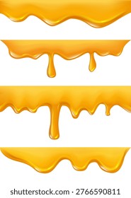 Set of realistic honey drips isolated on transparent background. Detailed vector illustration for dessert design, natural food packaging, and sweet product advertising