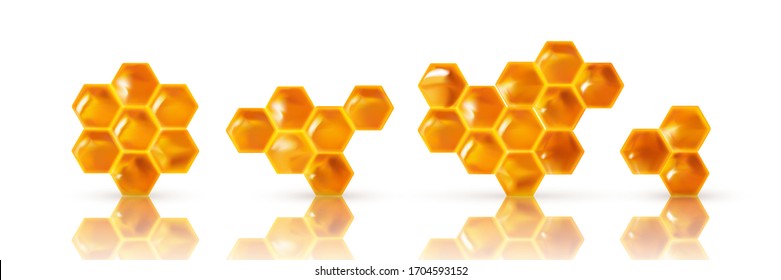 Conjunto de Honeypes realistas. Color claro de la miel, hexagones 3D. elementos para el diseño de banner, publicidad o papel pintado. ilustración vectorial.