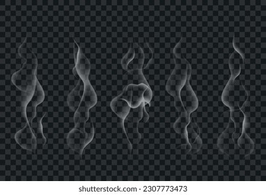 Set von realistischem Hokah-Rauch einzeln auf transparentem Hintergrund. Vektorgrafik von weißem bewölktem Heißdampf