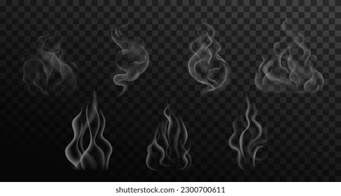 Set of realistic hot steam isolated on transparent backdrop. Vector illustration of white food or drink smoke 