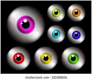 Set of realistic human eye ball with colorful pupil, iris. Vector illustration isolated on black background.