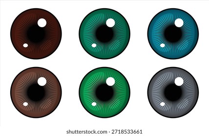 Conjunto de cores realistas da íris humana isoladas sobre fundo branco. Ilustração de vetor.