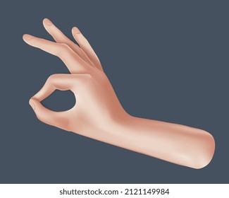 Set of realistic human hands in different poses. Cartoon 3d hands. Peace sign, ok sign tap, point out hand, high five hand Men and women arms Decoration 3d object isolated.