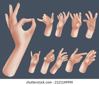 Set of realistic human hands in different poses. Cartoon 3d hands. Peace sign, ok sign tap, point out hand, high five hand Men and women arms Decoration 3d object isolated.