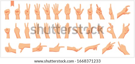 Set of realistic human hands, signs and gestures, figures and finger movements isolated vector illustrations on a white background