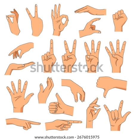Set of realistic human hands, signs and gestures, figures and finger movements isolated vector illustrations on a white background.
