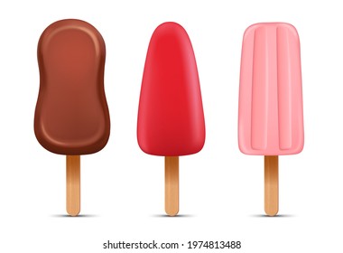 Set of realistic ice cream with popsicle sticks. Realistic cacao, strawberry and watermelon ice cream isolated on white background.