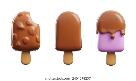 Conjunto de cremas de hielo realistas en acristalamiento de chocolate en estilo 3D palo, ilustración vectorial aislada en fondo blanco. Colección de elementos decorativos, postre dulce, comida sabrosa