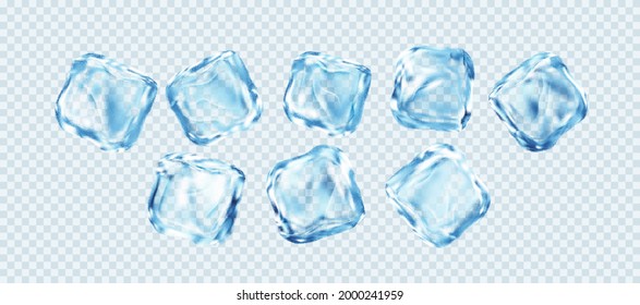 Set of Realistic Ice Cubes Isolated on White Transparent Background. Real transparent ice effect. Vector illustration EPS10