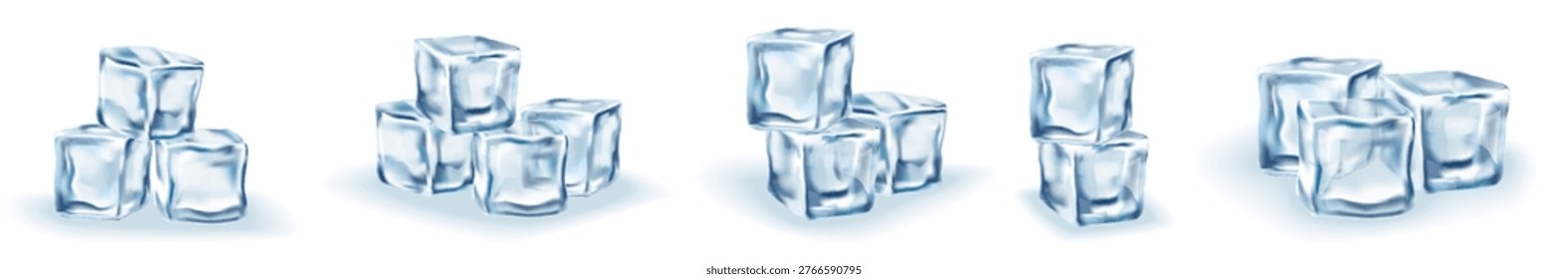 Set of realistic ice cubes isolated on transparent background. Detailed vector illustration for cold drinks, cocktails, beverage design, and refreshing summer concepts