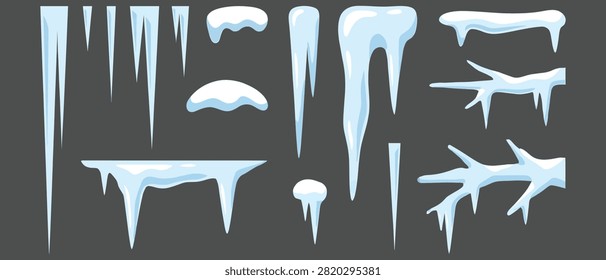 Set of realistic ice icicles and snow drifts elements for winter design with seasonal transparent background decoration freezing template isolated wintertime environment atmospheric dropping