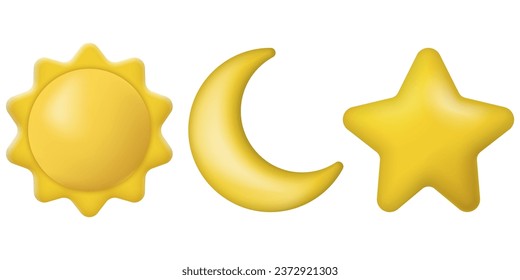  Conjunto de icono realista sol, luna y estrellas. Ilustración vectorial. Eps 10.