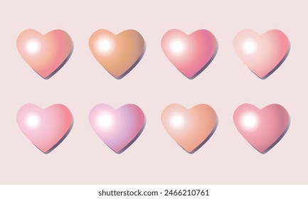 A set of realistic icons. 3D hearts in delicate peach shades with shadow. Pin the icon layout. Elements for your design. Label, badge.