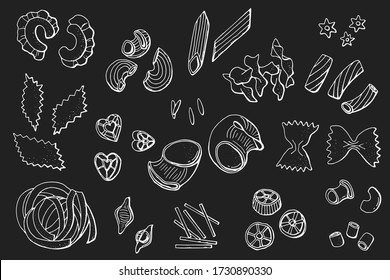 Set of realistic icons of dry pasta of various kinds.  Line art. Stock illustration. White pasta on black background.