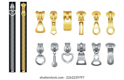 Set with realistic icons of fasteners clasps with silver and gold color isolated on blank background vector illustration