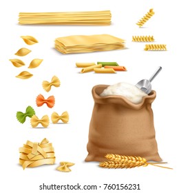 Set of realistic icons with pasta, wheat spikelets, sack of flour with metal scoop isolated vector illustration