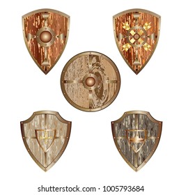 Set of realistic icons of wooden shields in 
brass frames isolated on white background