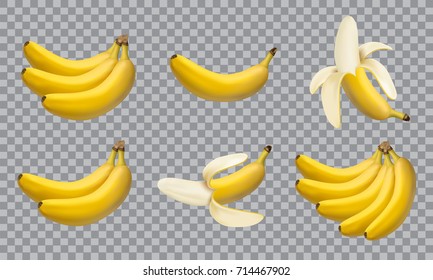 Set of realistic illustration bananas, 3d vector icons. Banana,half peeled banana,bunch of bananas isolated on white background, banana icon