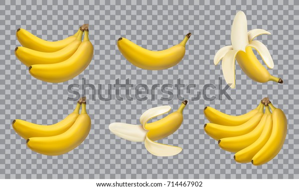 Set of realistic illustration bananas, 3d vector\
icons. Banana,half peeled banana,bunch of bananas isolated on white\
background, banana icon