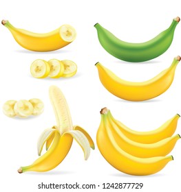 Set of realistic illustration bananas. Banana,half peeled banana,bunch of bananas isolated on white background, banana icon.Vector illustration.