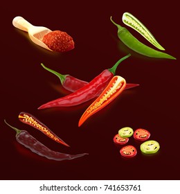 a set of realistic illustration of Chili spur pepper or Cayenne pepper divide into many types such as green, cut in half, dried, ripe,fine powder, isolated on dark red.