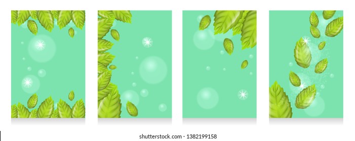 Set of Realistic Illustration Fresh Mint Leaves on Green Background. 3d Vector image with Mint Leaves Flying in Sunshine and Bubbles. Cooling Effect Mint Products. Advertising Banner or Brochure