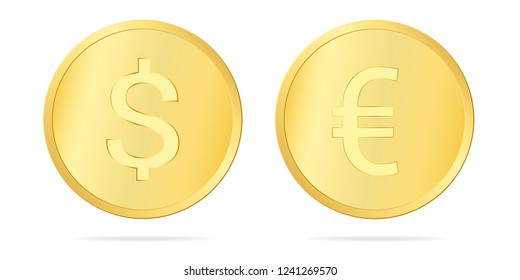 Set realistic illustration of a gold coin with a dollar and euro sign, isolated on white background - vector